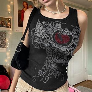 Meladyan Women Heart Rhinestone Graphic Print Sleeveless Crop Tank Ribbed Fairy Grunge 90s E-Girl Goth Vest Shirt Top Small