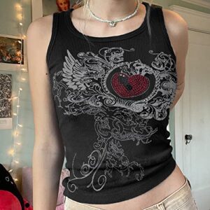 Meladyan Women Heart Rhinestone Graphic Print Sleeveless Crop Tank Ribbed Fairy Grunge 90s E-Girl Goth Vest Shirt Top Small