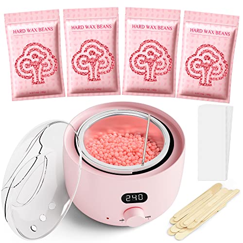 Waxing Kit, Digital Wax Warmer Kit for Coarse Hair Removal, Home Wax Kit with 4 Bags Brazilian Formulas Hard Wax Beads for Bikini Brazilian Legs Armpit Face Full Body Women Men Waxing