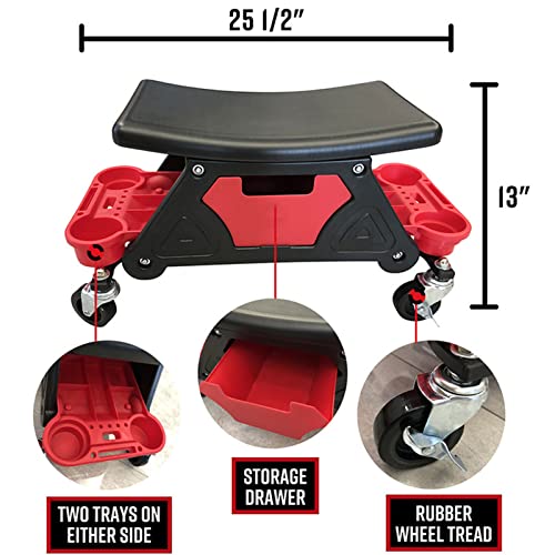 GLOSSONLY Heavy Duty Car Detailing Creeper Seat, Garage Mobile Rolling Mechanic/Car Wash Stool with Storage Trays and Premium Wheels and Casters