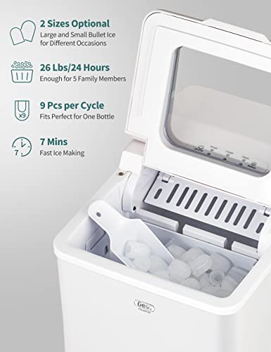 Gevi Household Countertop Ice Maker Machine, 2 Ice Sizes Optional, 9 Pcs in 6-8 Mins, 26Lbs/Day, Self Cleaning, Portable Compact Mini Icemaker with Ice Scoop and Basket for Home Party Kitchen (White)