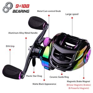 Doorslay Baitcasting Reels - Colorful Fishing Reel, 9+1 BB Bearing Fishing Baitcast Reel High Speed 7.2:1 Fishing Reel Bait Cast Wheel Left/Right Hand Fishing Accessory Magnetic Braking System