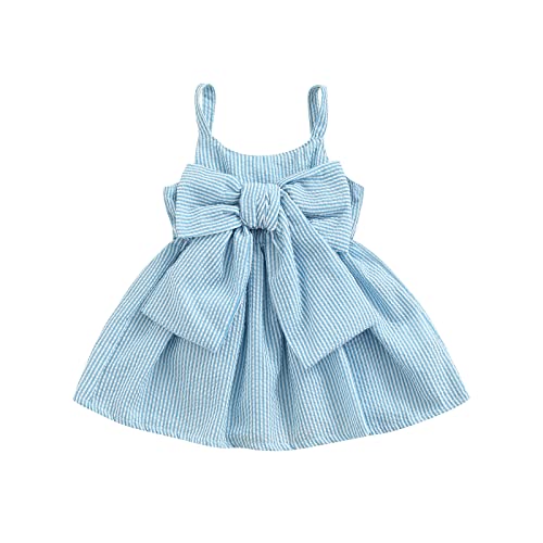 Toddler Baby Girls Sleeveless Dress Front Bowknot Stripe Sling Summer Jumpsuit Princess Casual Romper (Blue, 3-6 Months)