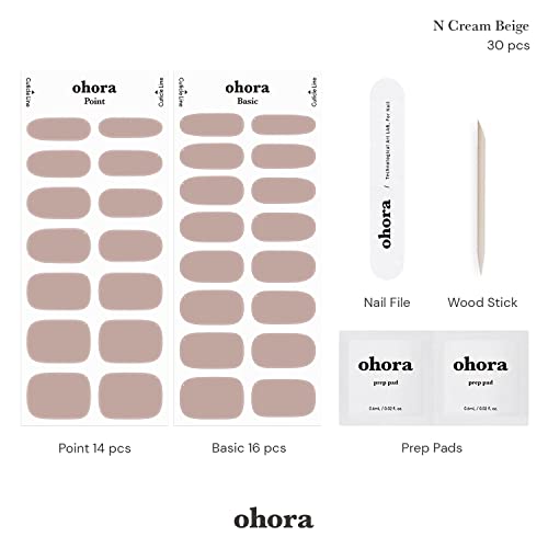 ohora Semi Cured Gel Nail Strips (N Cream Beige) - Works with Any Nail Lamps, Salon-Quality, Long Lasting, Easy to Apply & Remove - Includes 2 Prep Pads, Nail File & Wooden Stick - Beige