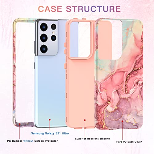 Btscase for Galaxy S21 Ultra Case, Marble Pattern 3 in 1 Heavy Duty Shockproof Full Body Rugged Hard PC+Soft Silicone Drop Protective Women Girl Covers for Samsung Galaxy S21 Ultra 6.8 inch, Rose Gold