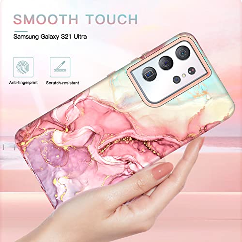 Btscase for Galaxy S21 Ultra Case, Marble Pattern 3 in 1 Heavy Duty Shockproof Full Body Rugged Hard PC+Soft Silicone Drop Protective Women Girl Covers for Samsung Galaxy S21 Ultra 6.8 inch, Rose Gold