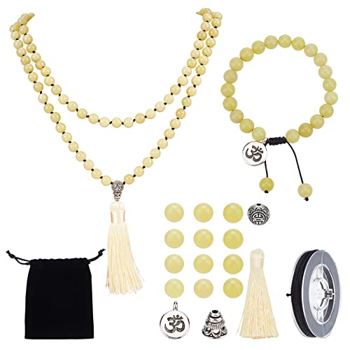 SUNNYCLUE 1 Bag DIY 8mm Lemon Jade Beads Bracelets Necklace Making Kit Polyester Tassel Charm Decorations Ohm Tibetan Style Alloy Charms for DIY Jewelry Making Craft