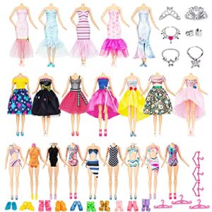 doll clothes and accessories - 34 items unique h-douture, 5 party dress, 3 beautiful fishtail skirt and 3 quality swimsuit, hanger crown necklace bracelet pack and 10 shoes