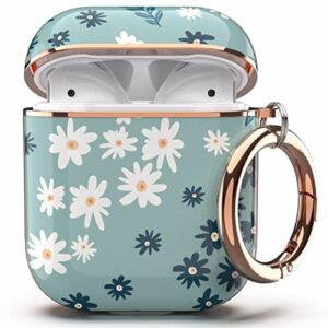 tatofy case cover for airpods 1&2, stylish airpods case for women girls, flower patterns protective hard case with clip (cyan)