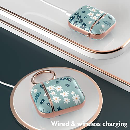 TATOFY Case Cover for AirPods 1&2, Stylish AirPods Case for Women Girls, Flower Patterns Protective Hard Case with Clip (Cyan)