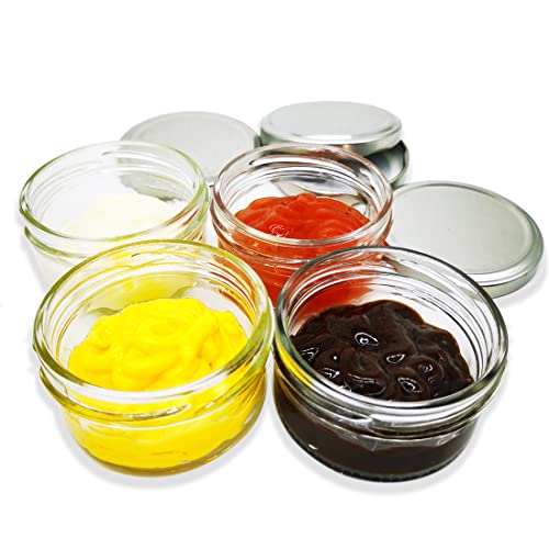 Delove 2.5 oz Small Glass Condiment Containers with Lids - Salad Dressing Container to Go - Dipping Sauce Cups Set - Leak proof Reusable Sauce Containers for Lunch Box - 7pack (Sliver)