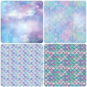 PlandRichW Birthday Wrapping Paper Folded for Girls Kids Baby Women Mermaid Scale Scallop Galaxy 4 Styles of Gift Wrapping Paper for Weddings Graduation Anniversaries 12 Sheets 20 X 29 Inch