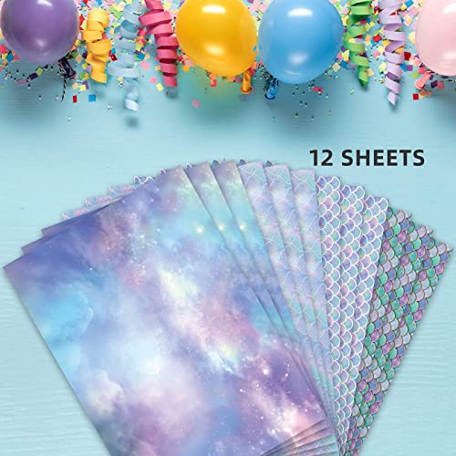PlandRichW Birthday Wrapping Paper Folded for Girls Kids Baby Women Mermaid Scale Scallop Galaxy 4 Styles of Gift Wrapping Paper for Weddings Graduation Anniversaries 12 Sheets 20 X 29 Inch