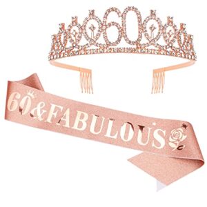 casoty 60th birthday sash and tiara for women, 60th birthday decorations women, rose gold 60th crown and "60 & fabulous" sash set, 60 birthday decorations for women, 60th birthday gifts for women