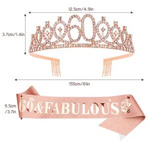 Casoty 60th Birthday Sash and Tiara for Women, 60th Birthday Decorations Women, Rose Gold 60th Crown and "60 & Fabulous" Sash Set, 60 Birthday Decorations for Women, 60th Birthday Gifts for Women