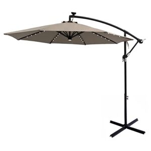 helios&hestia 10 ft solar powered offset cantilever patio umbrella outdoor with led lights and cross base, taupe