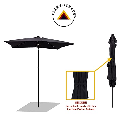 FLAME&SHADE 6.5 x 10 ft Rectangular Solar Powered Outdoor Market Patio Table Umbrella with LED Lights and Tilt, Black