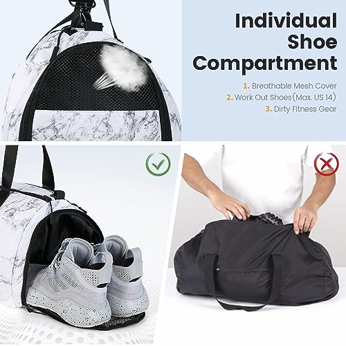 Large Gym Bag for Women with Shoe Compartment, 40L Sports Bag for Men with Wet Pocket, Lightweight Duffel Bag Travel Bag for Weekend Overnight Trips (Marble White)