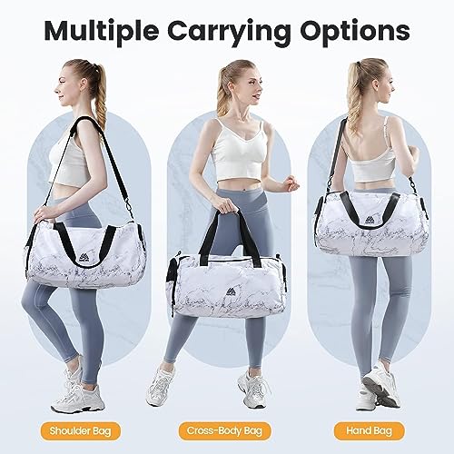 Large Gym Bag for Women with Shoe Compartment, 40L Sports Bag for Men with Wet Pocket, Lightweight Duffel Bag Travel Bag for Weekend Overnight Trips (Marble White)