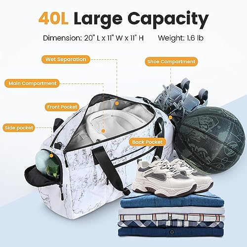 Large Gym Bag for Women with Shoe Compartment, 40L Sports Bag for Men with Wet Pocket, Lightweight Duffel Bag Travel Bag for Weekend Overnight Trips (Marble White)