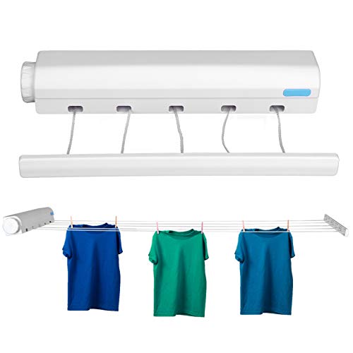 Retractable Clothesline, Outdoor Indoor Wall Mounted Flexible Portable Clothes Dryer Line 4 or 5 Lines Adjustable Household Telescopic Hanger Rope Easy Installation for Hang Wet Dry Laundry (5 Ropes)