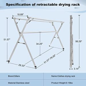 Sillars Clothes Drying Rack, 63 inches Laundry Drying Rack Clothing Foldable & Collapsible Stainless Steel Heavy Duty Clothing Drying Rack with Windproof Hooks for Indoor Outdoor