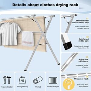 Sillars Clothes Drying Rack, 63 inches Laundry Drying Rack Clothing Foldable & Collapsible Stainless Steel Heavy Duty Clothing Drying Rack with Windproof Hooks for Indoor Outdoor