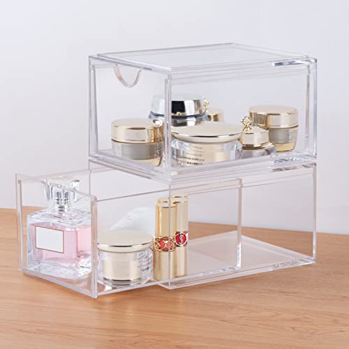 AMEITECH Stackable Cosmetic Organizer Drawers, Acrylic Clear Makeup Organizer, Vanity Container Drawer for Cosmetics, Skin Care, Hair Accessories, Bathroom Counter or Dresser - Set of 2