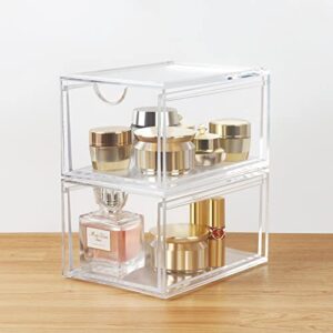 AMEITECH Stackable Cosmetic Organizer Drawers, Acrylic Clear Makeup Organizer, Vanity Container Drawer for Cosmetics, Skin Care, Hair Accessories, Bathroom Counter or Dresser - Set of 2