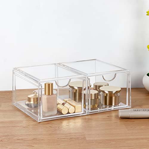 AMEITECH Stackable Cosmetic Organizer Drawers, Acrylic Clear Makeup Organizer, Vanity Container Drawer for Cosmetics, Skin Care, Hair Accessories, Bathroom Counter or Dresser - Set of 2