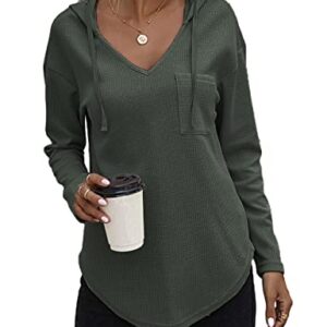 morhuduck Women's V Neck Hoodies Long Sleeve Sweatshirt Drawstring Pullover Tops with Pocket,Army Green, S