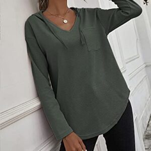 morhuduck Women's V Neck Hoodies Long Sleeve Sweatshirt Drawstring Pullover Tops with Pocket,Army Green, S