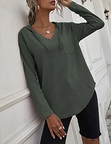 morhuduck Women's V Neck Hoodies Long Sleeve Sweatshirt Drawstring Pullover Tops with Pocket,Army Green, S