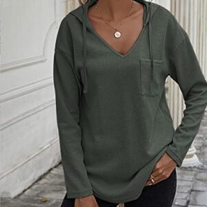 morhuduck Women's V Neck Hoodies Long Sleeve Sweatshirt Drawstring Pullover Tops with Pocket,Army Green, S