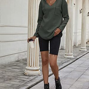 morhuduck Women's V Neck Hoodies Long Sleeve Sweatshirt Drawstring Pullover Tops with Pocket,Army Green, S