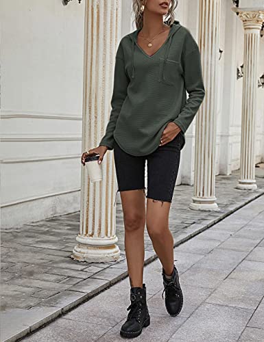 morhuduck Women's V Neck Hoodies Long Sleeve Sweatshirt Drawstring Pullover Tops with Pocket,Army Green, S