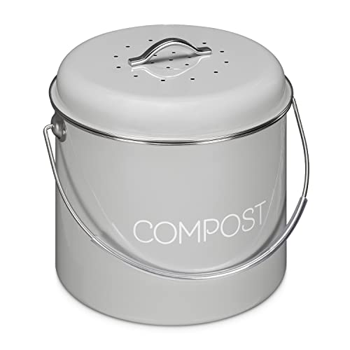 Navaris Metal Compost Caddy Bin - 1.3 Gallon Kitchen Composting Bucket with Charcoal Filter and Lid for Indoor Food Waste Recycling - 5 Litre - Gray