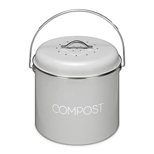 Navaris Metal Compost Caddy Bin - 1.3 Gallon Kitchen Composting Bucket with Charcoal Filter and Lid for Indoor Food Waste Recycling - 5 Litre - Gray