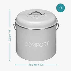 Navaris Metal Compost Caddy Bin - 1.3 Gallon Kitchen Composting Bucket with Charcoal Filter and Lid for Indoor Food Waste Recycling - 5 Litre - Gray