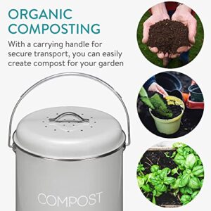 Navaris Metal Compost Caddy Bin - 1.3 Gallon Kitchen Composting Bucket with Charcoal Filter and Lid for Indoor Food Waste Recycling - 5 Litre - Gray