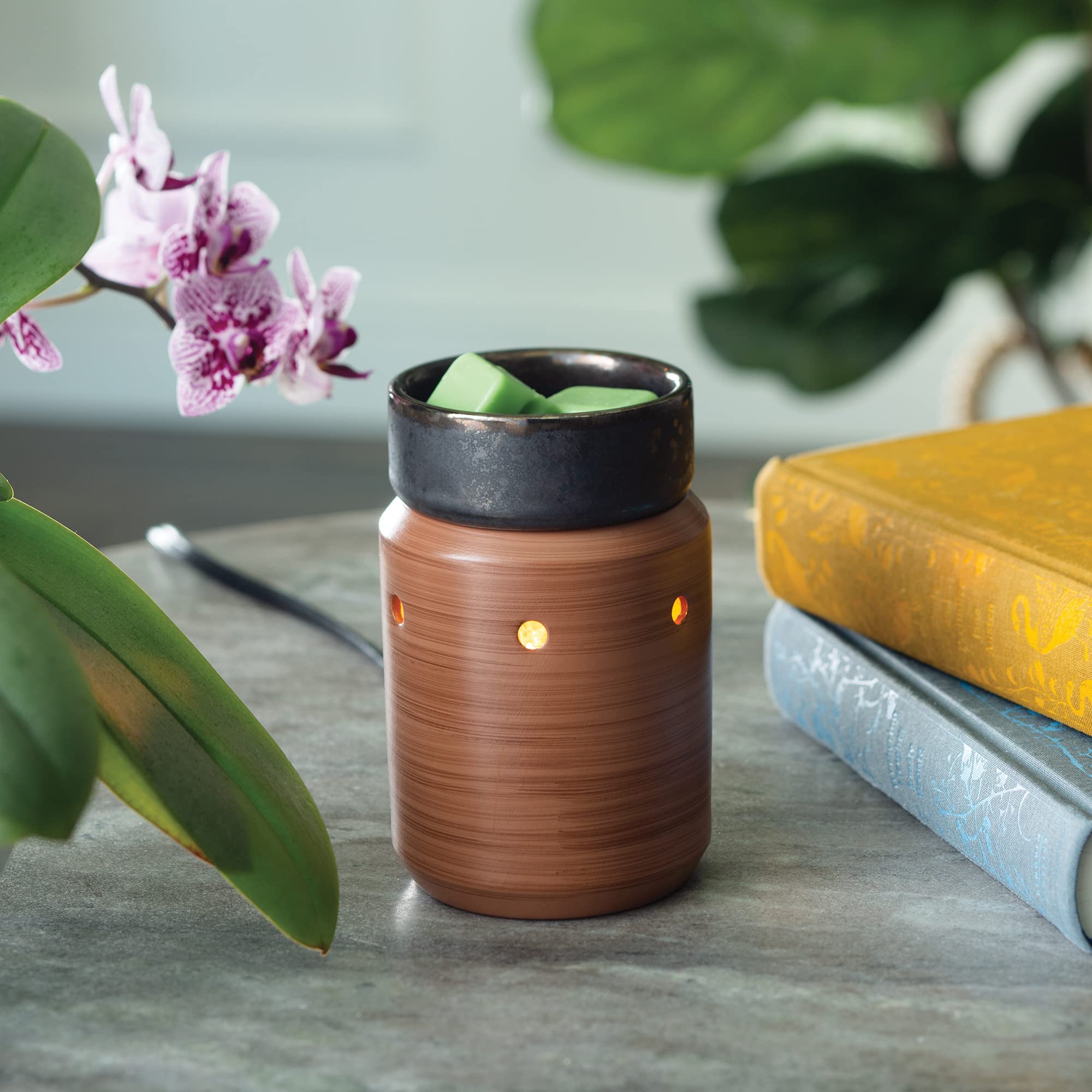 CANDLE WARMERS ETC. Midsized Illumination Fragrance Warmer- Light-Up Warmer for Warming Scented Candle Wax Melts and Tarts or Fragrance Oils to Freshen Smaller Rooms, Brown and Metallic Pewter Walnut