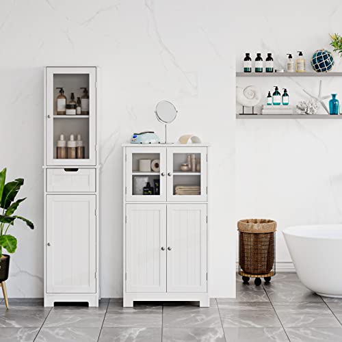 HORSTORS Bathroom Cabinet, Linen Storage Cabinet with Doors, Wooden Floor Cabinet with Adjustable Shelves for Bathroom, Living Room, Office, White