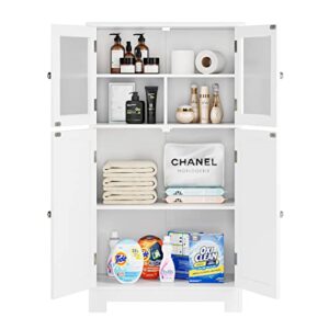 HORSTORS Bathroom Cabinet, Linen Storage Cabinet with Doors, Wooden Floor Cabinet with Adjustable Shelves for Bathroom, Living Room, Office, White