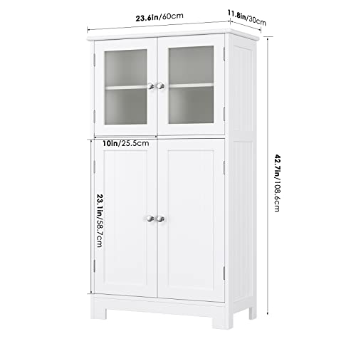 HORSTORS Bathroom Cabinet, Linen Storage Cabinet with Doors, Wooden Floor Cabinet with Adjustable Shelves for Bathroom, Living Room, Office, White