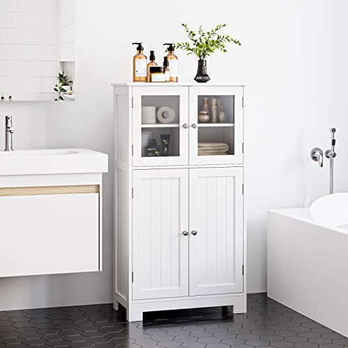 HORSTORS Bathroom Cabinet, Linen Storage Cabinet with Doors, Wooden Floor Cabinet with Adjustable Shelves for Bathroom, Living Room, Office, White