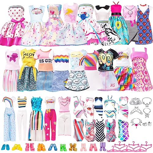 38 Pack Doll Clothes and Accessories - 6 PCS Fashion Dress 6 Tops 6 Skirt Set 3 Sets Swimsuit Bikini 3 Crown Necklace Bracelet Hanger 10shoes