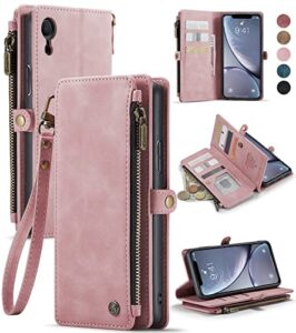 defencase iphone xr wallet case with card holder, durable pu leather flip magnetic strap zipper phone case for women men, rose pink