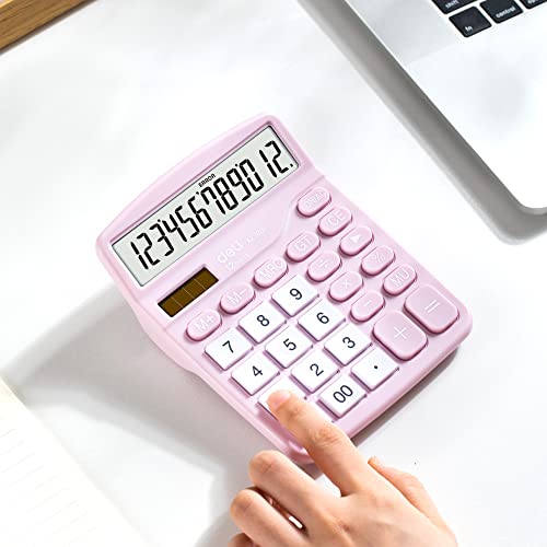 Calculator, Deli Standard Function Desktop Calculators with 12 Digit Large LCD Display and Sensitive Button, Solar Battery Dual Power Office Calculator, Pink