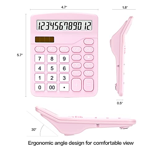 Calculator, Deli Standard Function Desktop Calculators with 12 Digit Large LCD Display and Sensitive Button, Solar Battery Dual Power Office Calculator, Pink