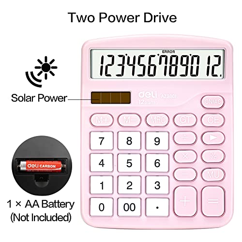 Calculator, Deli Standard Function Desktop Calculators with 12 Digit Large LCD Display and Sensitive Button, Solar Battery Dual Power Office Calculator, Pink